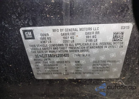 2015 Chevrolet Trax Ltz z USA, uszkodzony, nr VIN 3GNCJTSB8FL205420